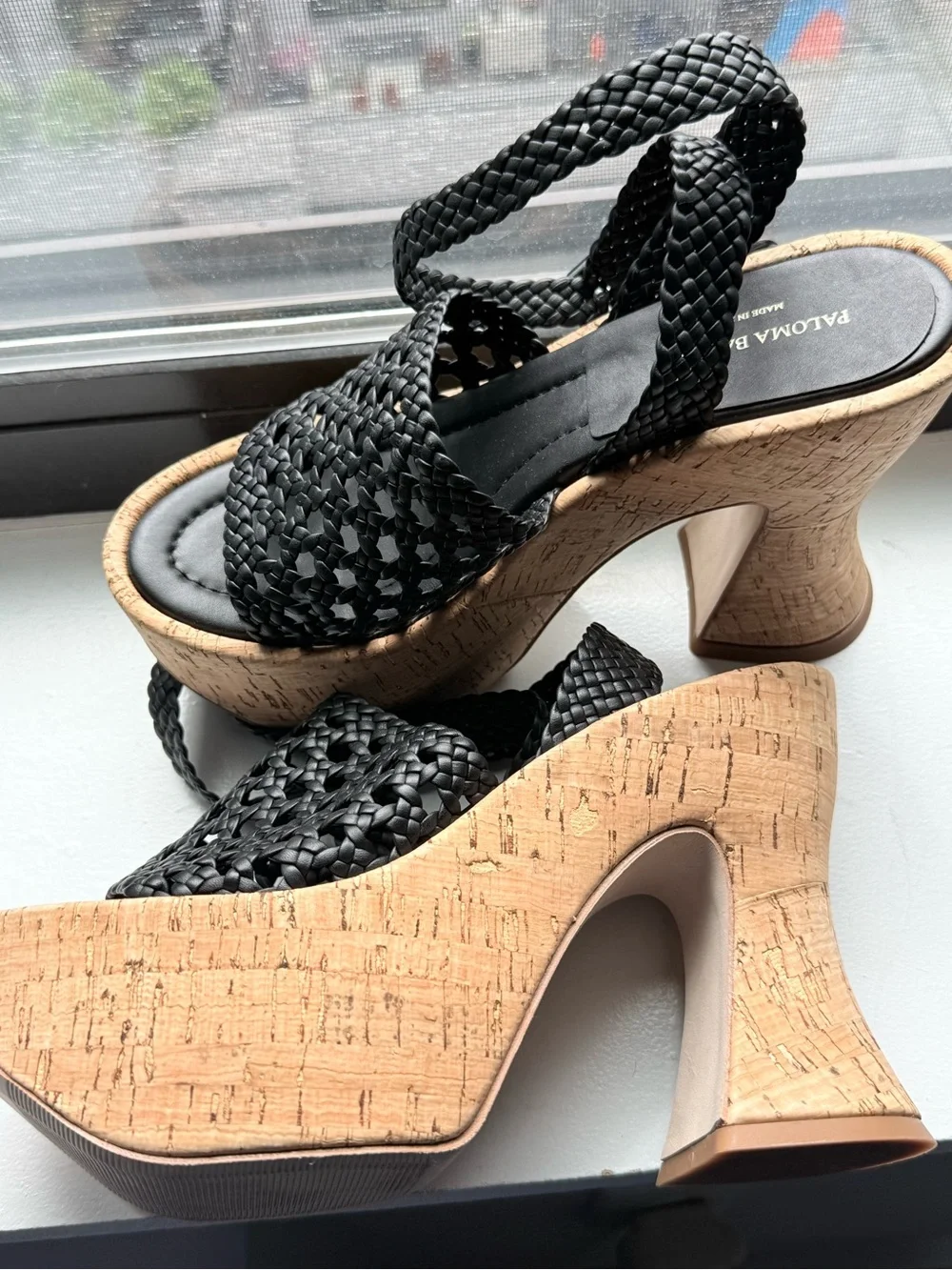 Paloma Barcelo Black Braided Leather Cork Platform Sandals